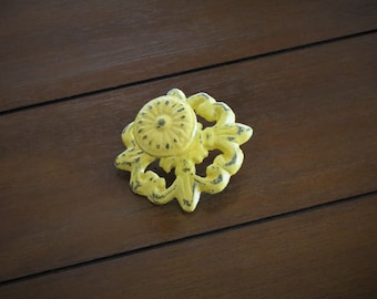 Ornate Cast Iron Knob, Warm Yellow Distressed Finish, Cottage Chic Decor