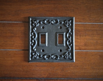 Double Toggle Light Switch Plate / Black or Pick Color / Cast Iron Metal Light Switch Cover / Cottage Farmhouse Wall Decor  / Fleur de Lis