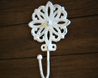 Flower Wall Hook / Shabby Cottage  Chic Ornate Cast Iron Hook / Coat Key Jewelry Hanger / Bathroom Towel Hook / Antique White or Pick Color