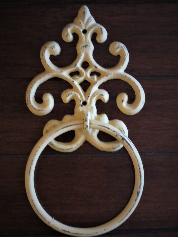 Shabby Chic Towel Ring Warm Yellow or Pick Color Heavy Cast Iron Towel Hook Cottage Shabby Chic Bathroom Fleur De Lis Wall Decor Etsy