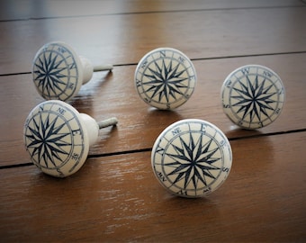 Compass Blue and White Ceramic Knob / Dresser Drawer Knob / Drawer Pull / Cabinet Door Knob / Nautical Decor / Beach Decor / Sea Accent
