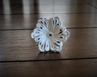 Large White Distressed Flower Knob / Solid Metal / Shabby Cottage Farmhouse Style /  Cabinet Dresser Drawer Cupboard Desk Knob Pull Handle