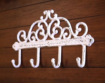 Decorative Scrolled Hook Rack in Antique White, Distressed, Cast Iron, Handpainted, Pick Your Color