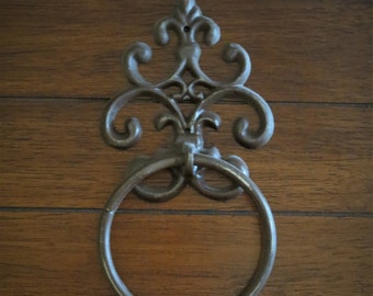 Shabby Chic Towel Ring / Chocolate Brown or Pick Color Towel Hanger / Heavy Cast Iron Towel Hook / Shabby Chic Bathroom /Fleur de Lis Design