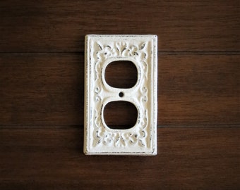 Antique White Decorative Electrical Outlet Plate / Plug-in Cover / Fleur de Lis Cast Iron / Shabby Cottage Chic Farmhouse / Pick Your Color