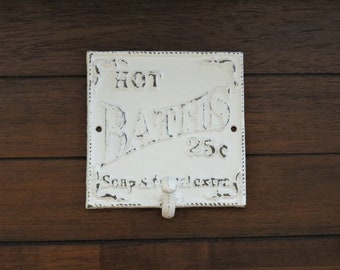 Shabby Chic Bath Sign with Hook: Vintage Style Towel Hanger