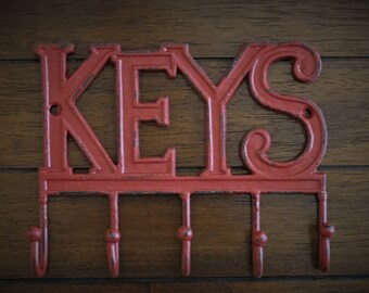 K E Y S Key Rack / Metal Wall Hook / Key Hanger/ Shabby Chic Farmhouse Rustic Decor / Colonial Red or Pick Color / Key Sign / Vintage Style