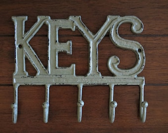 KEYS Key Rack / Metal Wall Sign with Hooks / Key Hanger / Key Holder / Metal Wall Art / Entrance Foyer Mudroom / Sage Green or Pick Color