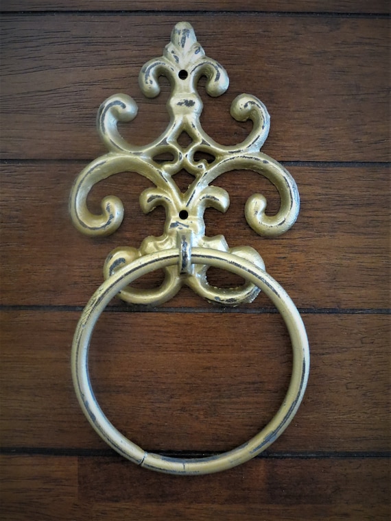 Shabby Chic Towel Ring / Antique Gold or Pick Color Towel Hanger / Heavy Cast  Iron Towel Hook / for Kitchen or Bath Towels / Fleur De Lis 