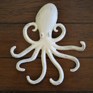 Octopus Cast Iron Hook Coastal Nautical Beach Metal Wall Art Whimsical Sea Creature Animal Off White Bathroom Decor Towel Necklace Hanger