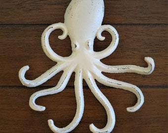 Octopus Cast Iron Hook Coastal Nautical Beach Metal Wall Art Whimsical Sea Creature Animal Off White Bathroom Decor Towel Necklace Hanger