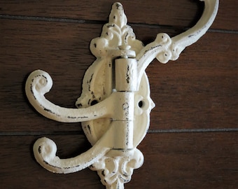 Metal Wall Hook / French Cottage Key Hook / Creamy White or Pick Color /Towel Hanger / Cast Iron Wall Hook / Swivel Hook/Vintage Style Hook
