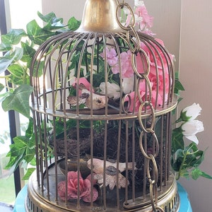 Brass Bird Cage*Vintage 80s*Medium Size*Round Dome Shape*India*Patina*Finial*Ring*Chain*Wedding Decor*Cards*Window Dressing*Shelf*Versatile*
