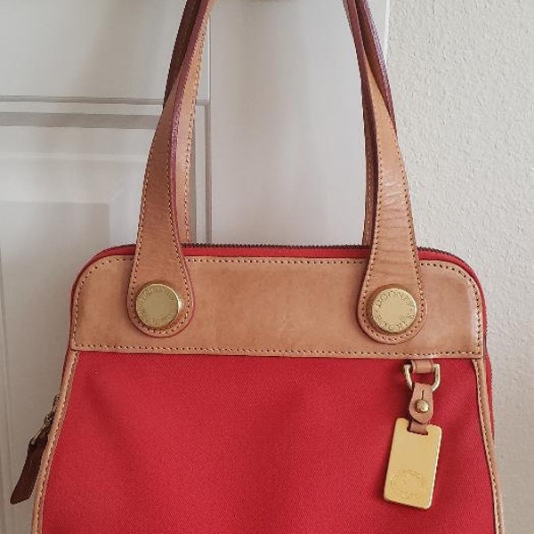 Dooney & Bourke Cabrio Bag* Red*Canvas*Tan Leather Straps *Vacchetta Leather*NEAR MINT*Carpet Bag*Tote*Satchel*Vtg 90s*Gift Perfect*