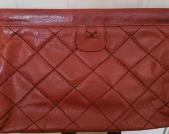 Vintage Clutch Purse*Handbag*Genuine Leather*Diamond Design*Made in Italy*70s Purse*Goldtone Hdwe*Excellent Condition*Brown*Oxblood*Rust