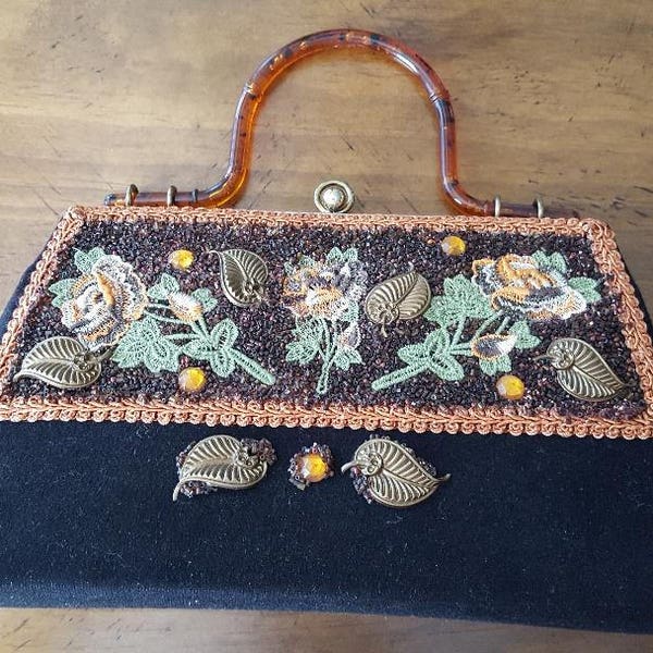 Vintage Purse Handbag Hand Decorated Original by Caron of Houston 30s-40s purse Tortoise Handle Bead Jewel Decoration