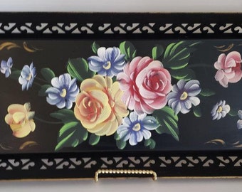 Tole Tray Black*Florals*Long Slender Tray*Handles*Serving*Display*Lush Floral Bouquet*Open Work*60s-70s*Tole Tray*Perfect GIFT*