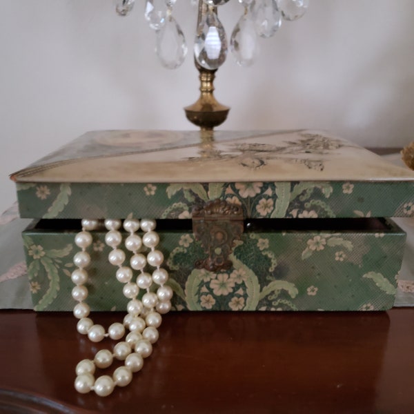 Victorian 1900s Celluloid Dresser Box*Jewelry Box*Glove*Hankie Box*Raised Floral Designs*Silk Lining*Brasstone Hardware*Classic Green Cream