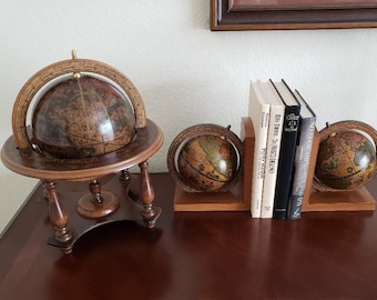 S A L E ** Old World Globe Desk Size*3-PcSet*Matching Bookends*Made in ITALY*Spinning Globes*Wooden Walnut Finish*Maps*Months*Zodiac Vintage