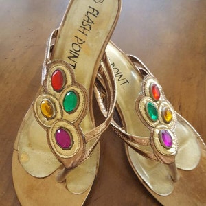 Womens Jeweled Shoes*Bo-Ho Multi-Color Stones*Gold Bronze Sandals*60s-70s Shoes*Bubble Heel*Vintage Jeweled Sandal