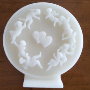 CHERUB Candle Round on Stand*Cherubs n Hearts*Cupid*White Candle Hearts Center*Angels Candle*Heart Pair* Unusual Candle*Plate-like Candle