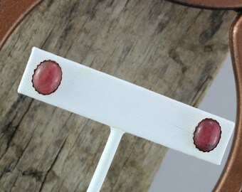 Sterling Silver Post Earrings - Natural Rhodanite Stud Earrings - Sterling Silver Posts with 10mm x 8mm Pink Rhodanite Stones