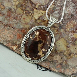 Elegant Sterling Silver Lava Rock & Bronze Pendant Necklace - Handmade Boho Statement Jewelry