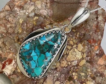 Handcrafted Sterling Silver Compressed Blue Turquoise Pendant Necklace - Elegant Jewelry for Women