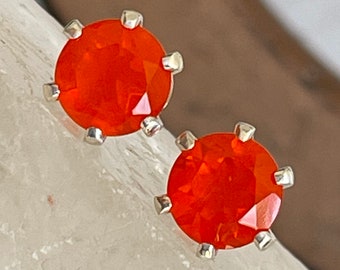 Handmade Sterling Silver, Mexican Fire Opal Stud Earrings for Women
