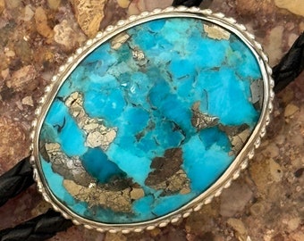 Compressed Turquoise & Pyrite Bolo Tie for Men and Women - Sterling Silver - Great Gift Idea