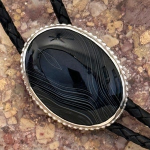 Handmade, Natural Black Onyx Bolo Tie For Men & Women - Great Gift Idea - Sterling Silver