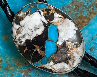 White Buffalo and Blue Kingman Turquoise Bolo Tie For Men and Women