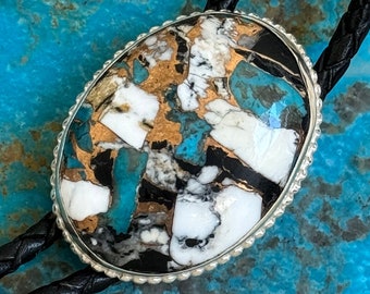 Handmade Sterling Silver, White Buffalo & Blue Kingman Turquoise Bolo Tie for Men and Women