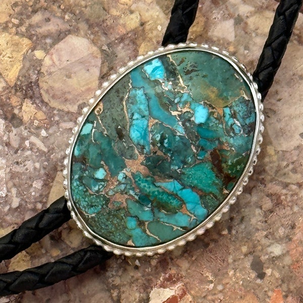 Handmade, Compressed Teal Turquoise Bolo Tie For Men & Women - Great Gift Idea - Sterling Silver