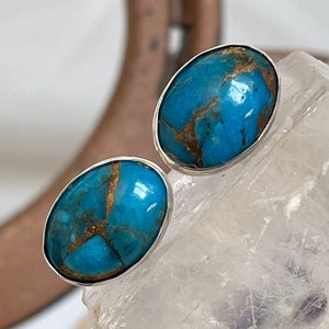 Compressed Teal Turquoise Stud Earrings | Sterling Silver December Birthstone Jewelry for Weddings