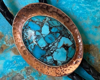 Compressed Blue Kingman Turquoise Bolo Tie for Men and Women
