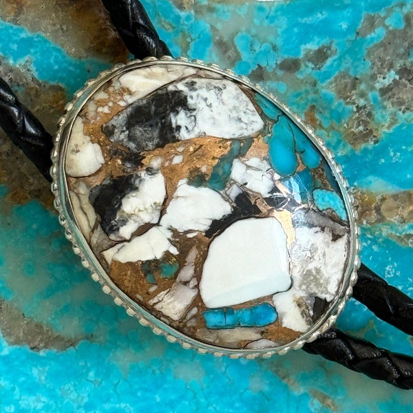White Buffalo & Blue Turquoise Bolo Tie for Men and Women - Sterling Silver - Great Gift Idea