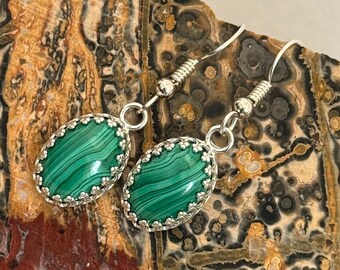 Handmade, Natural Malachite Dangle Earrings for Women - Sterling Silver - Great Gift for Her