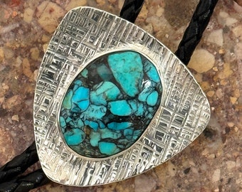 Handmade, Compressed Blue Turquoise Bolo Tie for Men & Women - Sterling Silver - Great Gift Idea