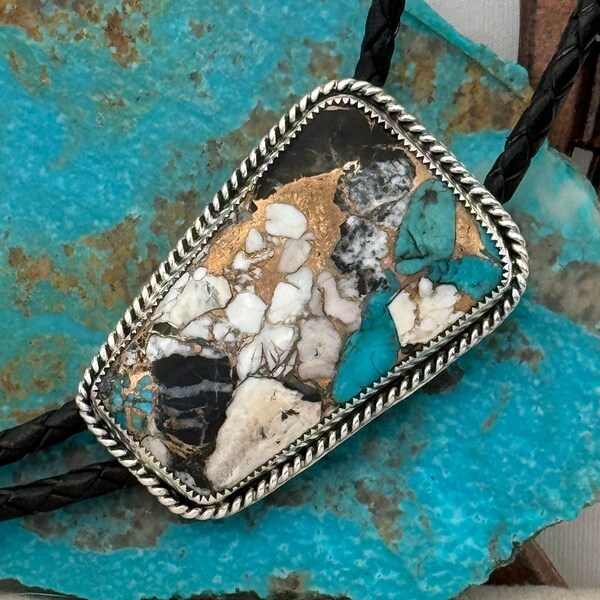 White Buffalo & Kingman Turquoise Bolo Tie for Men and Women - Great Gift Idea - Sterling Silver