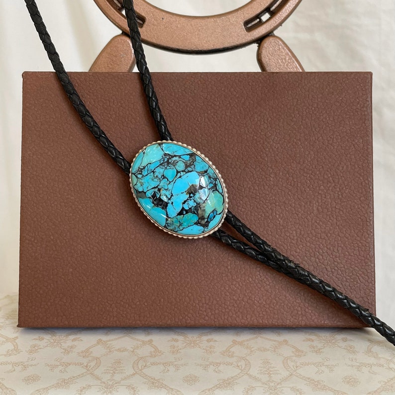 Handmade Sterling Silver, Compressed Blue Kingman Turquoise Bolo Tie For Men and Women image 7