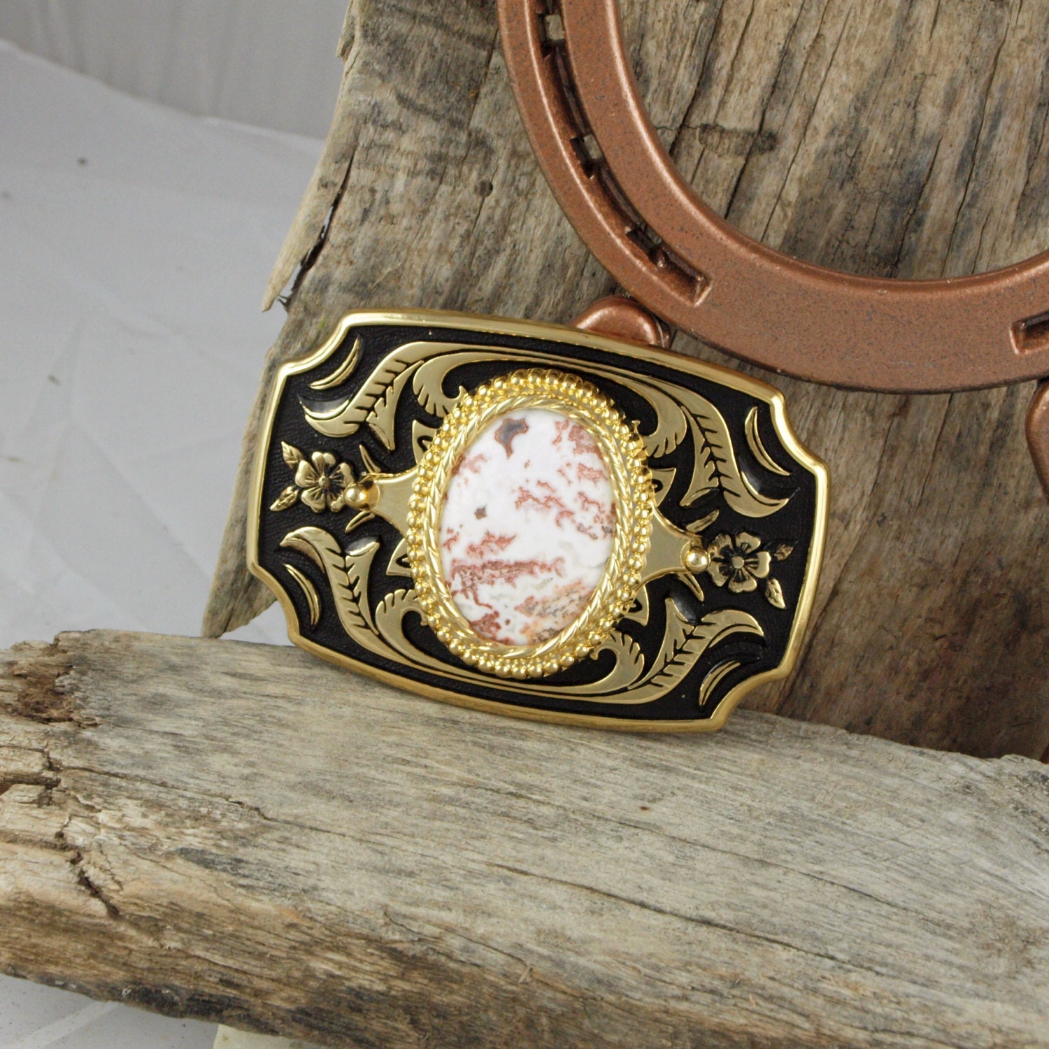 Western Belt Buckle -Natural Mexican Crazy Lace Agate Belt Buckle -Cowboy  Belt Buckle - Gold Tone & Black with Mexican Crazy Lace Agate