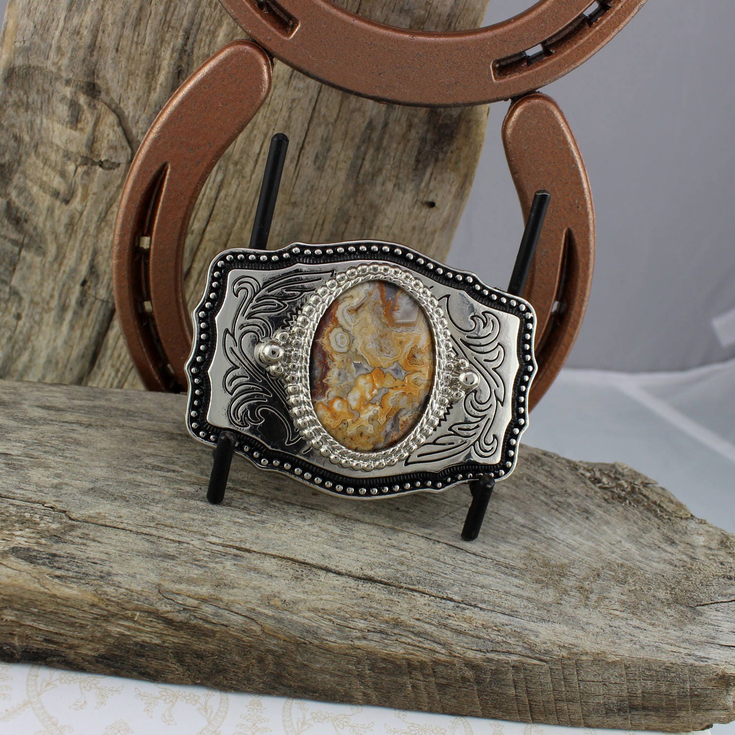 Western Belt Buckle -Natural Stone Belt Buckle -Cowboy Belt Buckle - Silver  Tone & Black Belt Buckle with a Natural Mexican Crazy Lace Agate