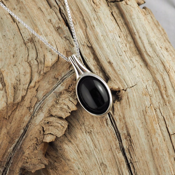 Sterling Silber Anhänger/Halskette - schwarz Onyx Anhänger/Halskette - 13 x 18 mm natürliche Jet schwarz Onyx Stein in einem Sterling Silber