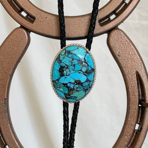 Handmade Sterling Silver, Compressed Blue Kingman Turquoise Bolo Tie For Men and Women image 4