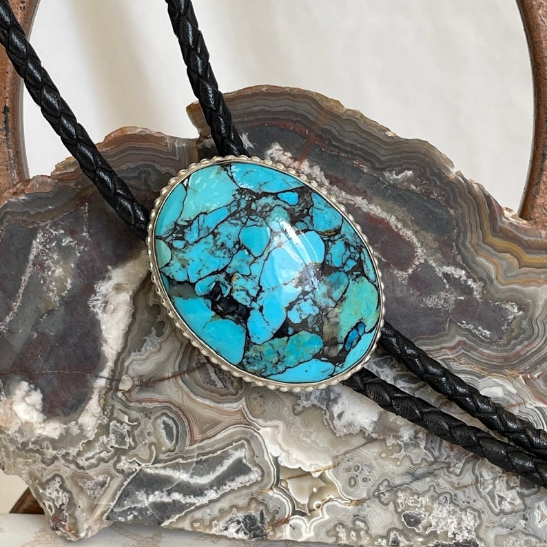 Handmade Sterling Silver, Compressed Blue Kingman Turquoise Bolo Tie For Men and Women image 1