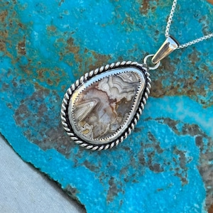 Mexican Crazy Lace Agate Sterling Silver Pendant: Handmade Boho Necklace