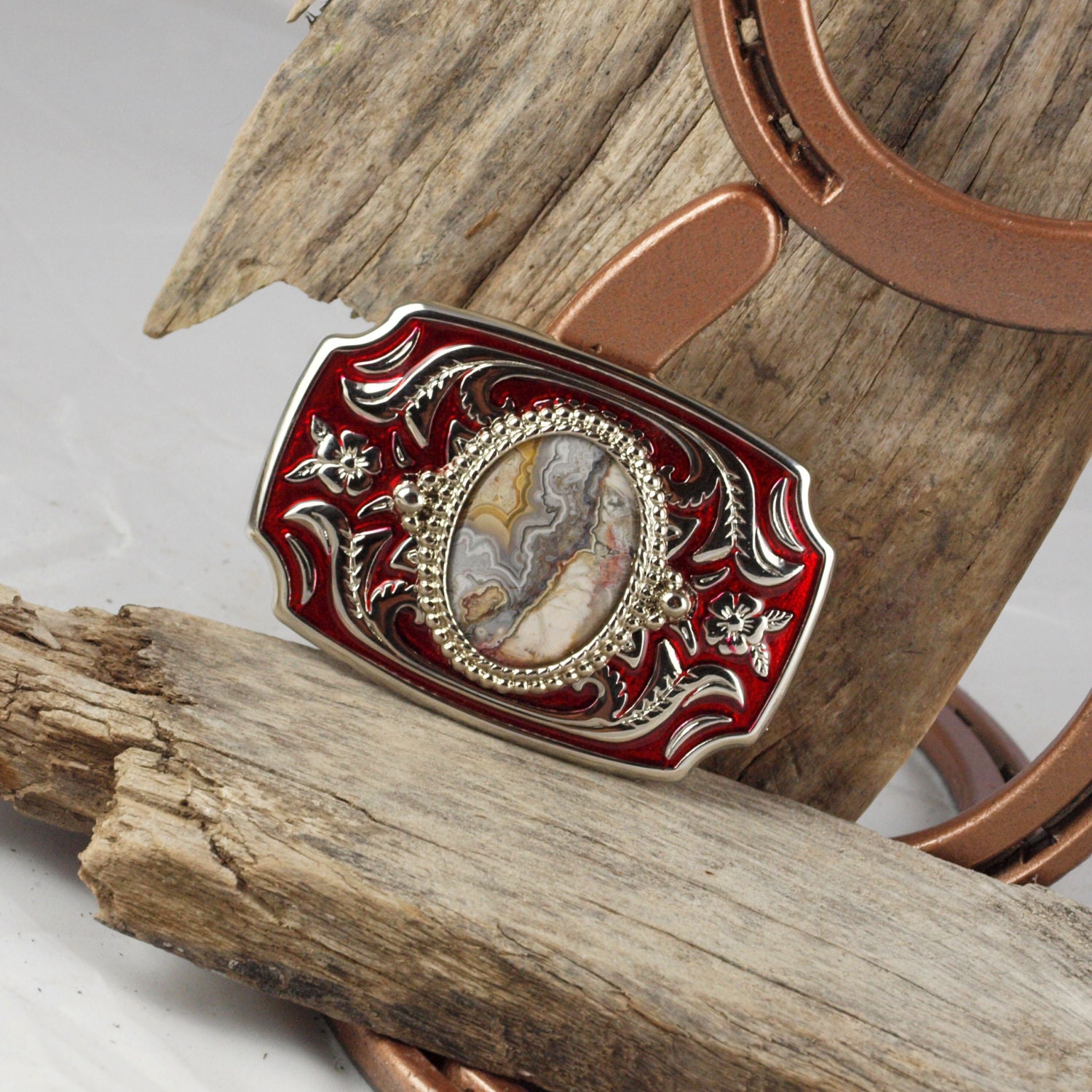 Western Belt Buckle -Natural Stone Belt Buckle -Cowboy Belt Buckle - Silver  Tone & Red Belt Buckle with a Mexican Crazy Lace Agate Stone