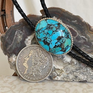 Handmade Sterling Silver, Compressed Blue Kingman Turquoise Bolo Tie For Men and Women image 3