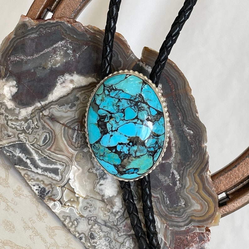 Handmade Sterling Silver, Compressed Blue Kingman Turquoise Bolo Tie For Men and Women image 2